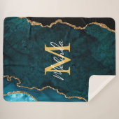 Blauwgroen Blauw en Gouden Marmeren Agaat Sherpa Deken (Voorkant (horizontaal))