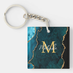 Blauwgroen Blauw en Gouden Marmeren Agaat Sleutelhanger
