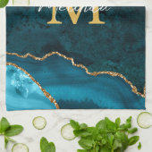 Blauwgroen Blauw en Gouden Marmeren Agaat Theedoek (Gevouwen)