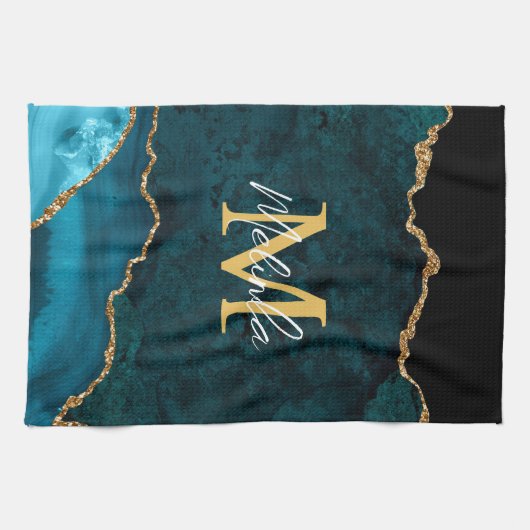 Blauwgroen Blauw en Gouden Marmeren Agaat Theedoek (Horizontaal)