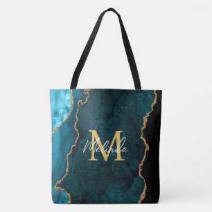 Blauwgroen Blauw en Gouden Marmeren Agaat Tote Bag