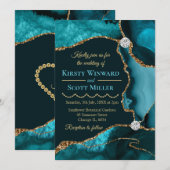 Blauwgroen blauw en goudglitter Agate Wedding Kaart (Voorkant / Achterkant)