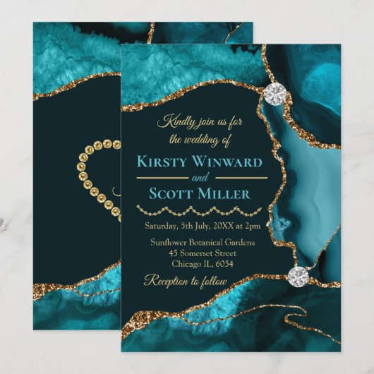 Blauwgroen blauw en goudglitter Agate Wedding Kaart (Voorkant / Achterkant)
