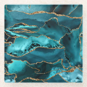 Blauwgroen blauw en goudglitteragaat glazen onderzetter