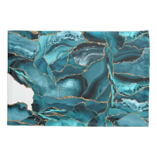 Blauwgroen blauw en goudglitteragaat kussensloop (Achterkant-Links)