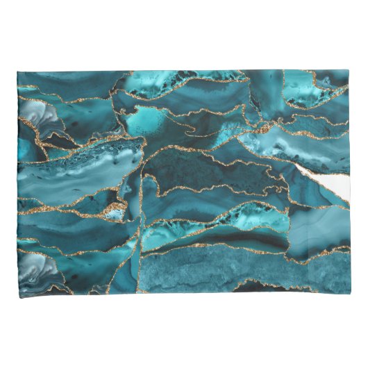 Blauwgroen blauw en goudglitteragaat kussensloop (Voorkant-Rechts)