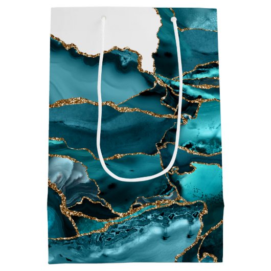 Blauwgroen blauw en goudglitteragaat medium cadeauzakje (Achterkant)