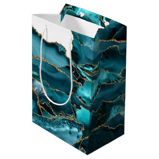 Blauwgroen blauw en goudglitteragaat medium cadeauzakje (Achterkant Gekanteld)