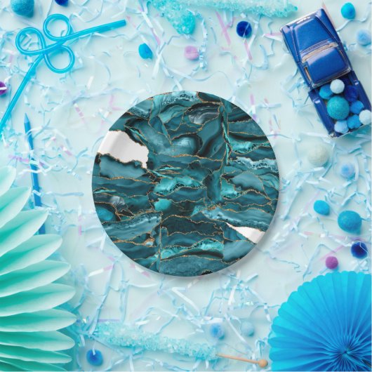 Blauwgroen blauw en goudglitteragaat papieren bordje (Feest)