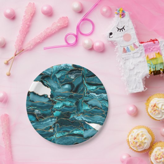 Blauwgroen blauw en goudglitteragaat papieren bordje (Feest)