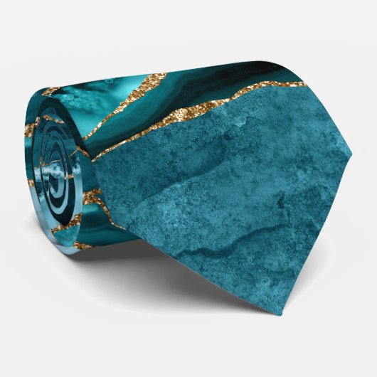 Blauwgroen blauw en goudglitteragaat stropdas (Opgerold)