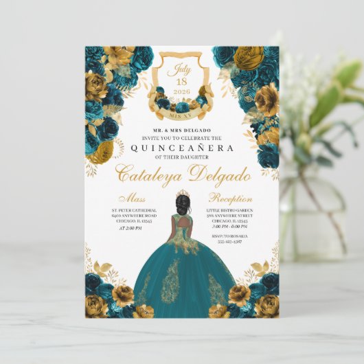 Blauwgroen blauw en goudgroen Elegant Quinceañera Kaart (Staand voorkant)