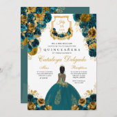 Blauwgroen blauw en goudgroen Elegant Quinceañera Kaart (Voorkant / Achterkant)