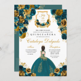 Blauwgroen blauw en goudgroen Elegant Quinceañera Kaart