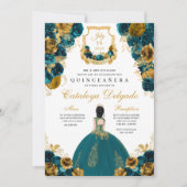 Blauwgroen blauw en goudgroen Elegant Quinceañera Kaart (Voorkant)