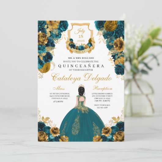 Blauwgroen blauw en goudgroen Elegant Quinceañera Kaart (Staand voorkant)