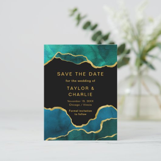 Blauwgroen blauw en goudkleurig gekleurd aggregaat briefkaart (Staand voorkant)