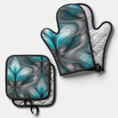 Blauwgroen blauw en grijs Abstract Art Design Prin Ovenwant & Pannenlap Set (Voorkant / Achterkant)