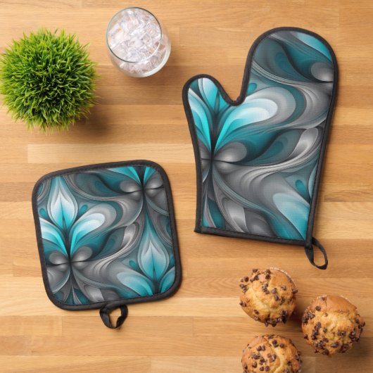 Blauwgroen blauw en grijs Abstract Art Design Prin Ovenwant & Pannenlap Set (Top down)