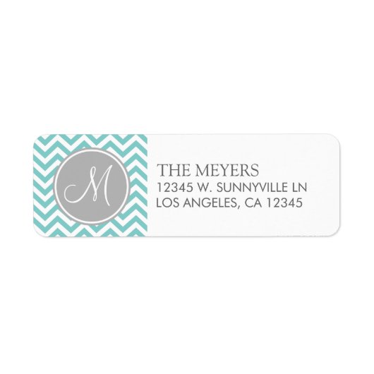 Blauwgroen Blauw en Grijs Modern Chevron met Monog Etiket (Voorkant)