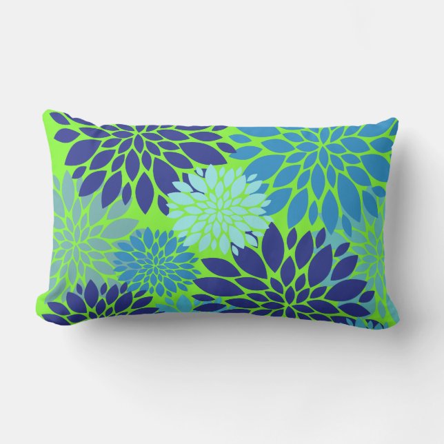 Blauwgroen Blauw en Lime Green Flower Art Floral P Kussen (Voorkant)