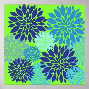 Blauwgroen Blauw en Lime Green Flower Art Floral P Poster