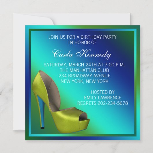 Blauwgroen blauw en limoen groen verjaardagsfeestj kaart (Achterkant)