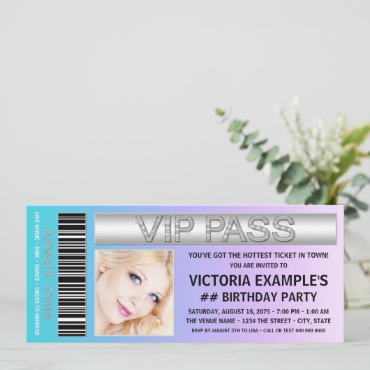 Blauwgroen blauw en Paarse ticket verjaardagsfeest Kaart (Staand voorkant)