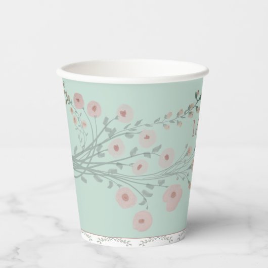 Blauwgroen blauw en rooskleurig roze bloemig papieren bekers (Voorkant)