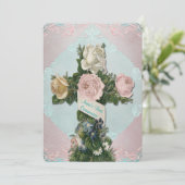  Blauwgroen Blauw en Roze Eerste Communie Kaart (Staand voorkant)