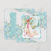 Blauwgroen blauw en roze ooievaar Baby shower Kaart (Voorkant / Achterkant)