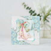 Blauwgroen blauw en roze ooievaar Baby shower Kaart (Staand voorkant)