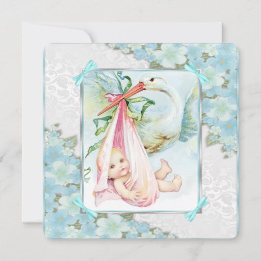 Blauwgroen blauw en roze ooievaar Baby shower Kaart (Voorkant)