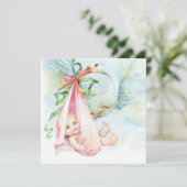 Blauwgroen blauw en roze ooievaar Baby shower Kaart (Staand voorkant)
