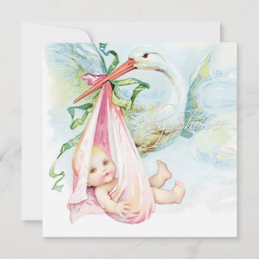 Blauwgroen blauw en roze ooievaar Baby shower Kaart (Voorkant)