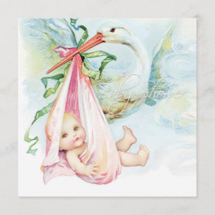 Blauwgroen blauw en roze ooievaar Baby shower Kaart