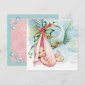 Blauwgroen blauw en roze ooievaar Baby shower Kaart (Voorkant / Achterkant)