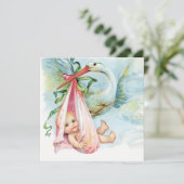 Blauwgroen blauw en roze ooievaar Baby shower Kaart (Staand voorkant)