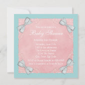 Blauwgroen blauw en roze ooievaar Baby shower Kaart (Achterkant)