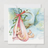 Blauwgroen blauw en roze ooievaar Baby shower Kaart (Voorkant)