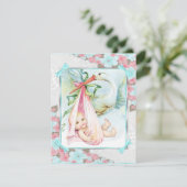 Blauwgroen blauw en roze ooievaar Baby shower Kaart (Staand voorkant)