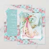 Blauwgroen blauw en roze ooievaar Baby shower Kaart (Voorkant / Achterkant)