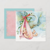 Blauwgroen blauw en roze  ooievaar Baby shower Kaart (Voorkant / Achterkant)