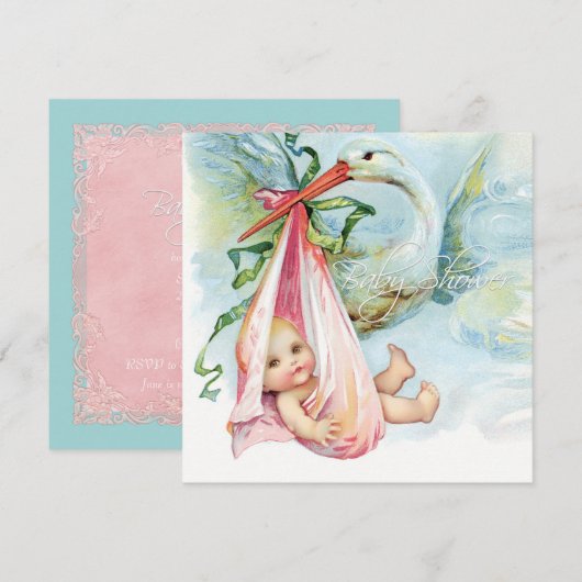 Blauwgroen blauw en roze  ooievaar Baby shower Kaart (Voorkant / Achterkant)