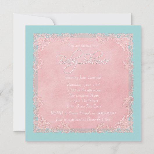 Blauwgroen blauw en roze  ooievaar Baby shower Kaart (Achterkant)