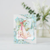 Blauwgroen blauw en roze ooievaar Baby shower Kaart (Staand voorkant)