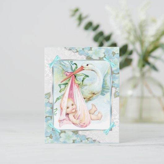 Blauwgroen blauw en roze ooievaar Baby shower Kaart (Staand voorkant)