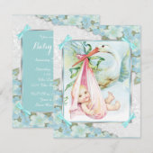 Blauwgroen blauw en roze ooievaar Baby shower Kaart (Voorkant / Achterkant)