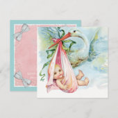 Blauwgroen blauw en roze  ooievaar Baby shower Kaart (Voorkant / Achterkant)
