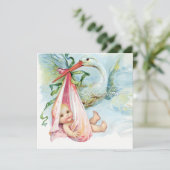 Blauwgroen blauw en roze  ooievaar Baby shower Kaart (Staand voorkant)